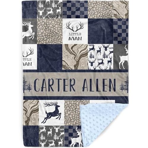Personalized Baby Blankets for Boys Girls, Custom Name Navy Deer Baby Blanket, Soft Receiving Blanket for Newborns and Toddlers, Ideal for Baby Showers and Nursery Decor