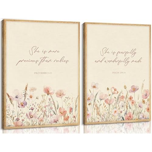 2pcs Framed Christian Floral Nursery Wall Art Bible Christ Flower Botanical Painting Picture Wall Decor Boho Girl Nurseries Poster Print Artwork for Baby Room Living Room Bedroom Home Decoration(Wood Color Framed Bible, 16L" x 12W")