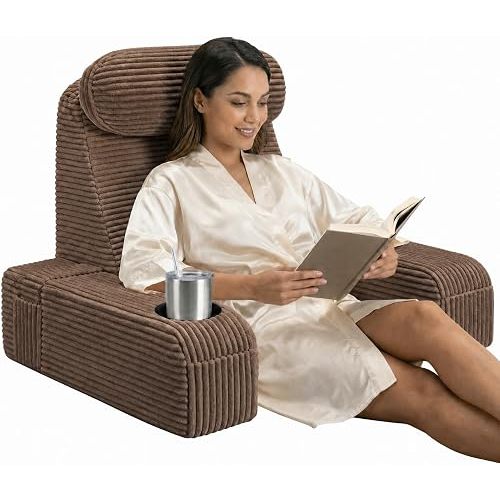 Reading Pillow/Backrest Pillow with Arms, Cup Holder & Phone Pocket - Bed Rest Pillow with Adjustable Headrest, Corduroy Fabric for Back Support in Bed/Sofa/Floor (Espresso, 19 INCH)
