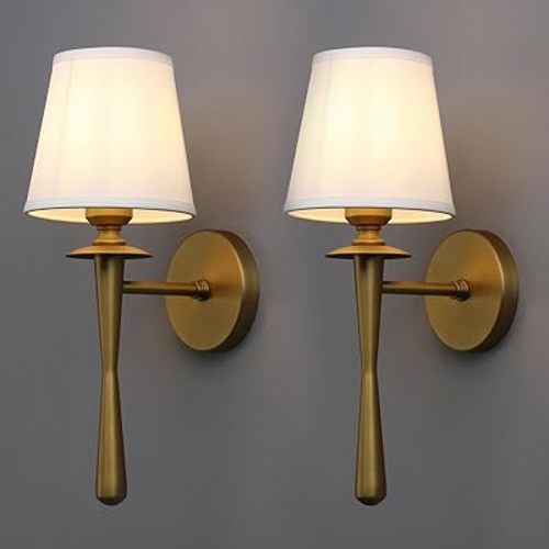 Yosoan Brass Gold Retro Boho Linen Fabric Wall Sconce Set of 2, Vintage Industrial Antique Indoor Hardwired Champagne Bronze Flared Fabric Shade for Bedroom Hallway Living Room