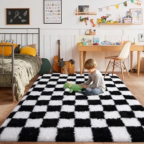 Pionblank Checkered Rug for Bedroom 4x6, Modern Shag Carpet, Soft Plush Non Slip Fluffy Rugs for Living Room Kids Room Home Decor, Black and White