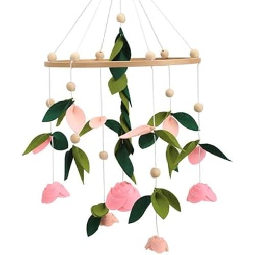 Flower Mobile for Crib - A Beautiful Felted Handmade Rose Mobile for Crib with Pink and White Flowers