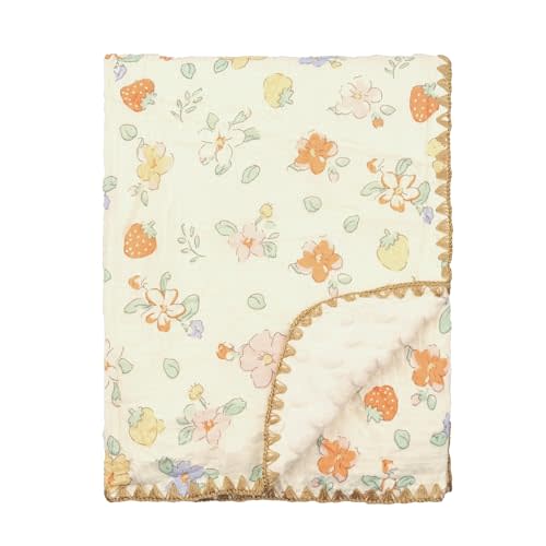 Baby Blanket 40x40 Inches,Muslin Cotton and Minky Dotted Double Layer Soft Receiving Blanket for Newborn Toddler,Strawberry Flower