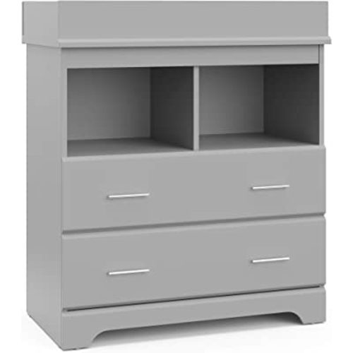 Storkcraft Brookside 2 Drawer Changing Table Dresser (Pebble Gray) – GREENGUARD Gold Certified, Easy-to-Match Chest of Drawers and Cubbies for Nursery and Kids Bedroom, Includes Changing Table Topper