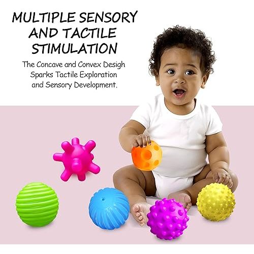 Baby Textured Multi Sensory Toys Massage Ball Gift Set BPA Free for Toddlers 1-3 Soft Balls Montessori Infant Baby Toys 6 to 12 Months 6 Pack