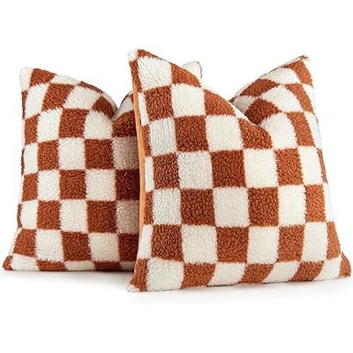 AmHoo Pack of 2 Decorative Throw Pillow Covers Checkerboard Luxury Super Soft Faux Fur Wool Set Case Cushion for Couch Sofa Bedroom 18 x 18-Inch Burnt Orange