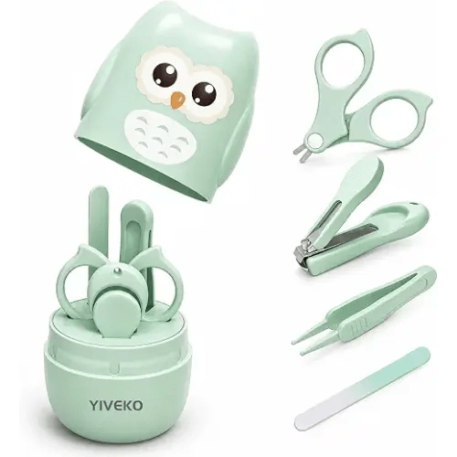 YIVEKO Baby Nail Kit, 4-in-1 Baby Nail Care Set with Cute Case, Baby Nail Clippers, Scissors, Nail File & Tweezers, Baby Manicure Kit and Pedicure kit for Newborn, Infant, Toddler, Kids-Owl Green
