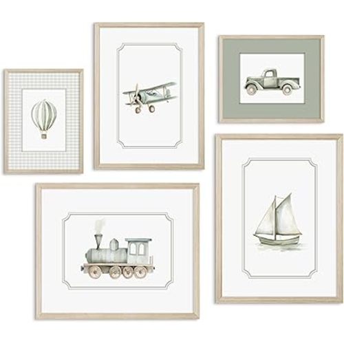 Sage Green Nursery Wall Art Boys Room Canvas Poster Kids Wall Decor Vintage Vehicle Prints Baby Toddler Pictures Transportation Plane Painting Train Truck Artwork for Bedroom 8x10 Inch Wood Framed