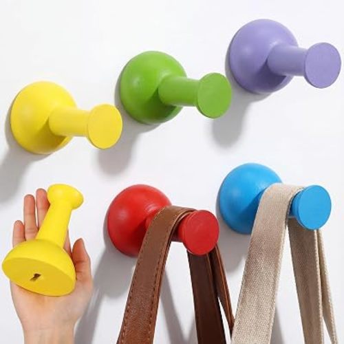 5 Pcs 4" Rainbow Wood Wall Hooks Colorful Push Pins Shaped Hat Rack Giant Colored Wood Thumb Tack Decor Hooks Wall Mounted for Nursery Home Dressing Bedroom Office Dopamine Gifts
