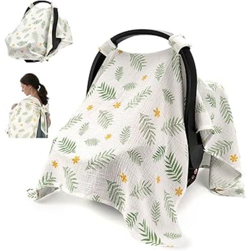 SERAPHY 2-in-1 Muslin Baby Car Seat Cover & Nursing Cover, Soft Lightweight Breastfeeding Cover for Boys and Girls,Breathable Canopy for Infant Carseat & Stroller for Summer—Green Leaf