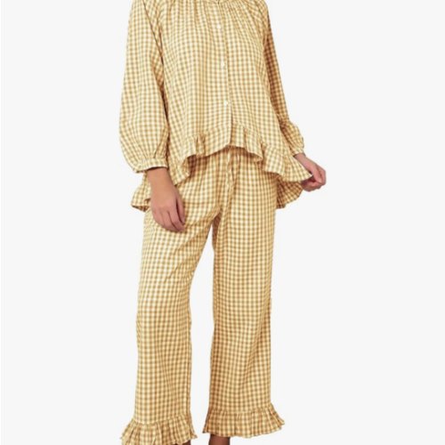 Flygo Gingham Cotton Pajamas for Women Set Ruffle Pajama Lounge Sets