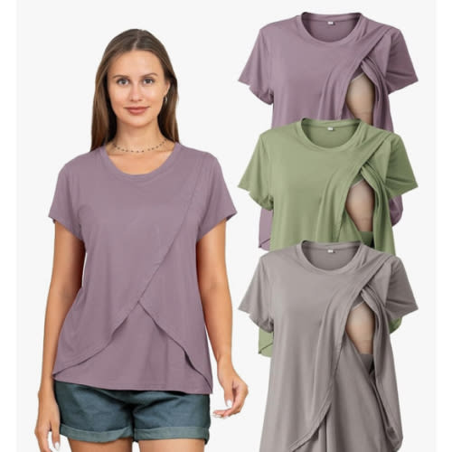 Rnxrbb 3 Pack Women's Nursing Tops for Breastfeeding Summer Short Sleeve T Shirts Postpartum Double Layer Clothes