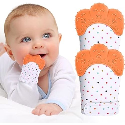 2Pack Silicone Teething Mitt, Soothing Infant Teething Mitten Pain Relief, Prevent Scratches Glove, Safe Silicone Teething Toys for 0-12 Months