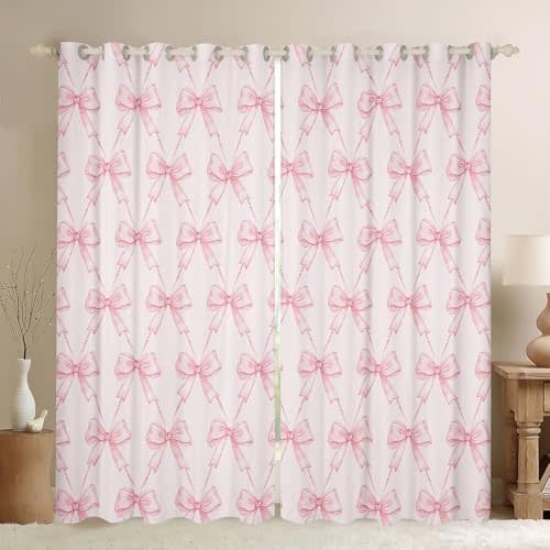 Feelyou Bow Curtains for Bedroom Living Room (2 Panels, 42 x 84 Inch) Pink Girls Bow Room Darkening Blackout Curtain Boys Girls Cute Bowknot Blackout Curtains Kawaii Window Treatments