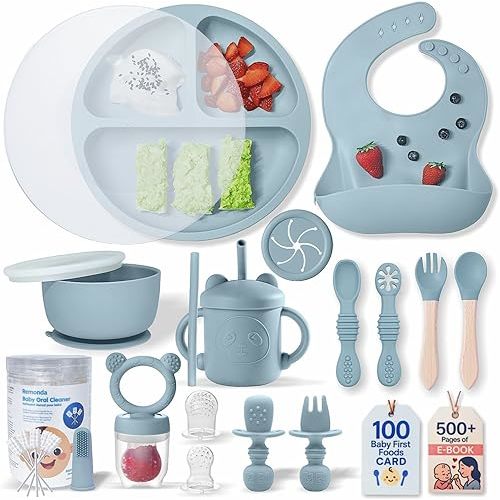 Remonda 23-Piece BPA-Free Silicone Baby Feeding Set | Extra Large Suction Plates, Toddler Bowls, Self Feeding Spoons, and More | Dishwasher Safe| Baby Led Weaning Supplies（Blue）