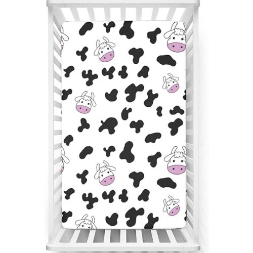 Cow Print Themed Fitted Mini Crib Sheets,Portable Mini Crib Sheets Ultra Soft Material -Crib Mattress Sheet or Toddler Bed Sheet,24“ x38“,Multicolor