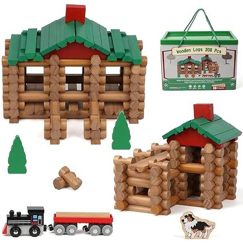 Wondertoys 208 Pcs Wooden Log Set - Classic Building Logs Ages 3+ - Best Retro Building Gift Set for Boys - Creative Construction Engineering Educational Gifts