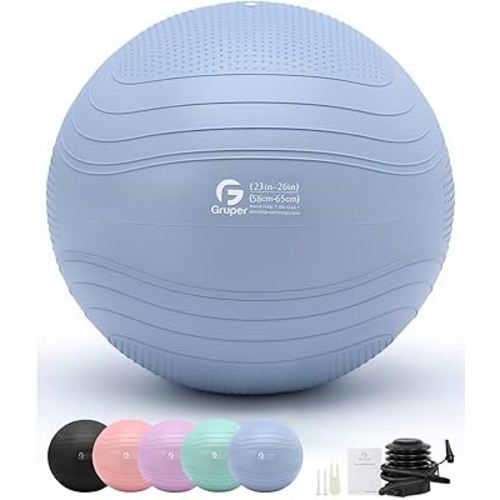 Gruper Yoga Ball, Extra Thick Exercise Ball for Workout Pregnancy Stability - 4 Sizes Anti Burst Balance Ball for Yoga, Pilates, Fitness, Birthing, Physical Therapy - Includes Pump