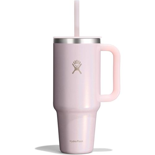 Hydro Flask Travel Tumbler with Handle, Lid and Straw - Insulated Stainless Steel in 40 Oz Glimmer Pink
