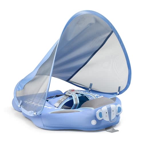 Mambobaby Baby Swim Float with Canopy & Tail Infant Pool Float Non-Inflatable Toddler Swim Float with Skin-Friendly Material for 3-24 Months Baby Boys Grils Elephant Blue