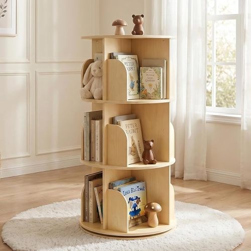 3-Tier Wooden Rotating Bookshelf for Kids, 360° Spinning Bookcase | Round Book Shelf Organizer for Kids' Books and Toys, Bedroom, Playroom, Living Room and Reading Corner