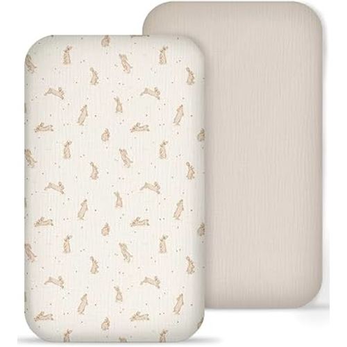 Muslin Bedside Bassinet Sheets 2 Pack, 33x20 Fitted Ultra Soft & Breathable Bedside Sleeper Sheets, Ideal for Baby Girl and Boy, Perfect for Newborns (Hopping Bunnies & Beige)