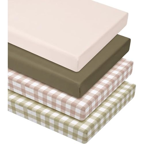 VitalCozy 4 Pcs Checkered Khaki Crib Sheet Set Newborn Bedding Nursery Baby Sheets for Girl Boys Baby Gifts for Standard Crib and Toddler Mattresses, 52 x 28 x 8 Inches