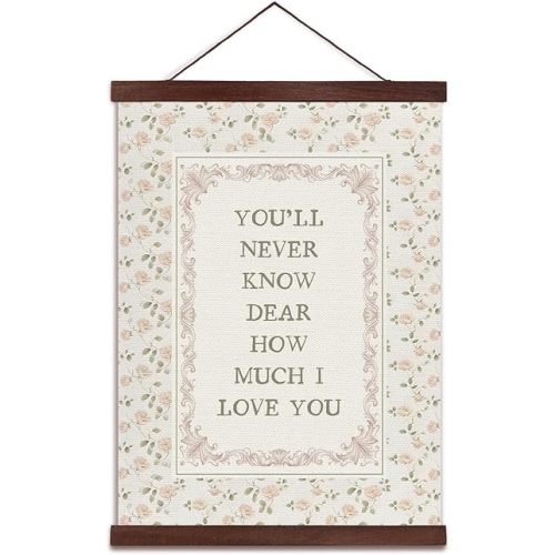 YZSLA Girls Room Wall Art Decor,You'll Never Know Dear How Much I Love You Decor,Linen Canvas Wall Hanging Poster,Pink Flower Rustic Farmhousee Decorate for Girls Room Bedroom Dorm,12x16 inch