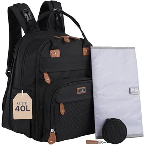 BabbleRoo Extra Large Diaper Bag Backpack, Expandable Baby Bag with Up to 50% More Capacity - Travel Essentials Baby Bag Tote with Changing Pad, Stroller Straps & Pacifier Case - Unisex, Black