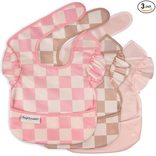 Tiny Twinkle Mess-Proof Baby Bibs for Eating | Waterproof, Wipeable Toddler Bibs with Catch-All Pocket | Feeding Bibs for Girls & Boys(3 Pack,Checkers Girl)