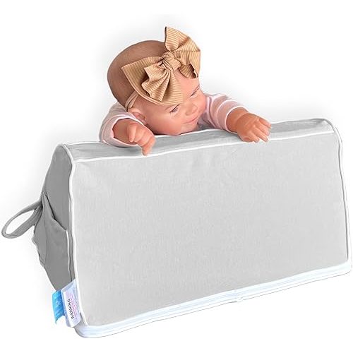 Baby Tummy Time Prop Pillow for Neck and Shoulder Strength Growth – Helpful Newborn Infant Nursing Essential for Burp, Reflux, Colic, Gas Relief – Washable Removable Anti-Slip Cover (Silver Haze)