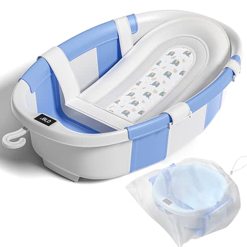 Collapsible Baby Bathtub with Soft Cushion and Thermometer, Newborn to Toddler Tub 0-36 Months with Toy Storage Mesh Bag, Portable Travel Bath for Infants (Blue)