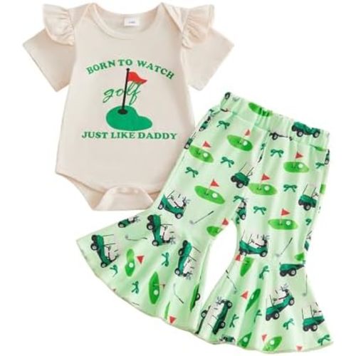 Bagilaanoe 2PCS Summer Outfit Baby Girl Clothes Golf Letter Print Ruffle Short Sleeve Romper Flared Pants Headband Set