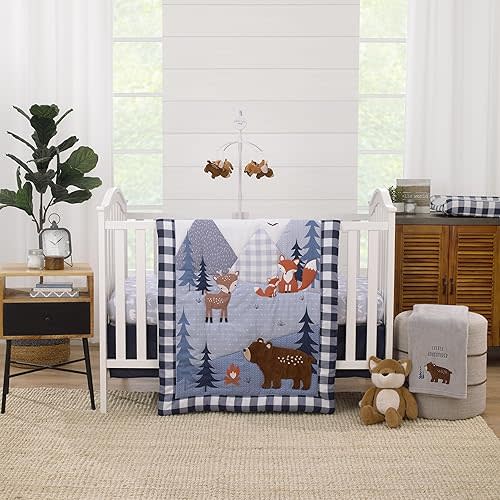 NoJo Little Love National Park Navy Buffalo Check, Gray, Blue, and Brown Camping Bear, Deer, and Fox 3 Piece Nursery Crib Bedding Set - Comforter, Fitted Crib Sheet, and Crib Skirt