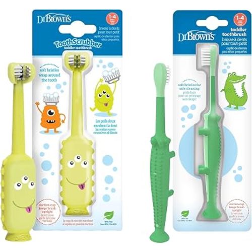 Dr. Brown's ToothScrubber Triple-Sided Toddler Toothbrush with Suction Cup Base, Green, Ages 1-4 Years & Crocodile Toddler Toothbrush, 1-Pack, 1-4 Years