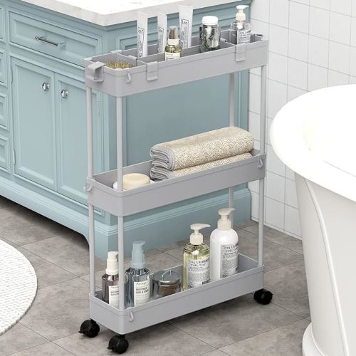 SPACELEAD Slim Storage Cart 3 Tier,Bathroom Organizer Rolling Utility,Mobile Shelving Unit Slide Out for Office, Kitchen, Laundry Room & Narrow Places,Gray