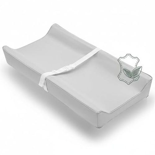 Vegan Leather Contoured Baby Changing Pad | Waterproof & Wipe-Clean PU Leather Diaper Change Mat, Soft, Wipeable Cover, Safety Strap, Non-Slip Bottom, Topper for Standard Infant Diaper Table & Dresser