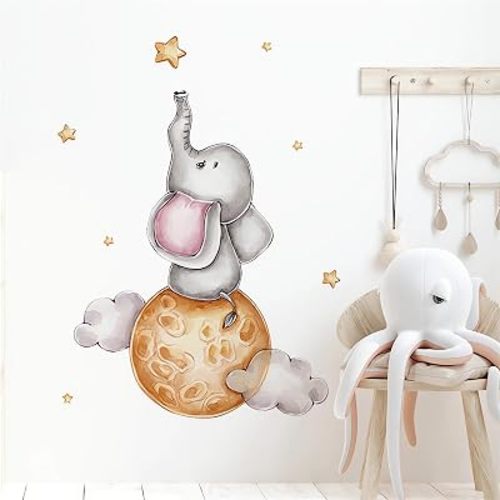 Cute Baby Elephant Wall Stickers Moon Clouds Stars Wall Decals
