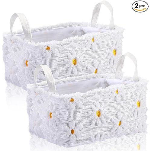 2 Pcs White Daisy Storage Baskets 14x10 Inch Wildflower Gift Basket Spring Floral Laundry Foldable Fluffy Plush Storage Bin with Handle Decorative Closet Organizer for Home Office Car
