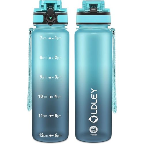 OLDLEY 32 oz Water Bottle, Motivational Water Bottle with Time Marker, Sports Water Bottle With Strap, Leakproof & BPA Free Large Water Bottles for School, Gym, Travel, Outdoor, Tritan,Blue&Gray