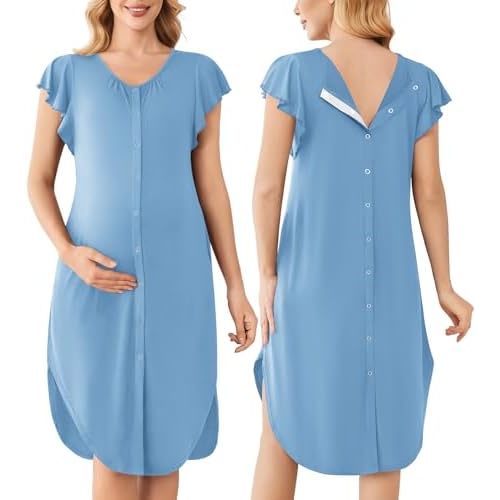 Ekouaer Labor and Delivery Gown 3 in 1 Nursing/Hospital/Breastfeeding/Maternity Flying Short Sleeve Nightgown with Button