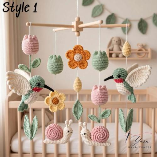 Crochet Hummingbird Baby Mobile, Pastel Floral Crib Decor, Handmade Nursery Hanging
