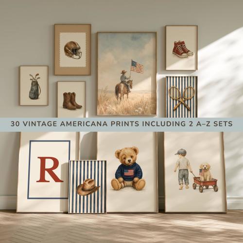 Americana Nursery Wall Art Set - 30 Vintage Preppy Boy Prints - Patriotic Sports Transport Gallery Wall Bundle