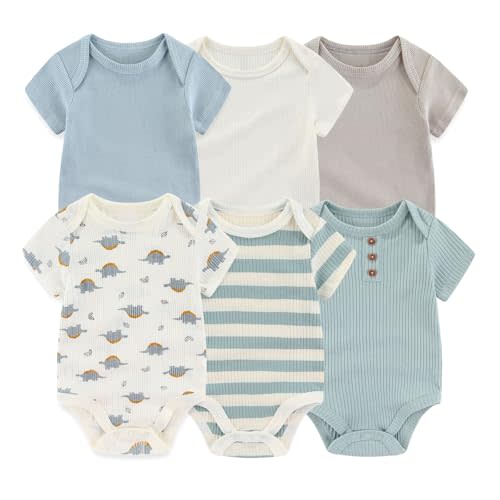 Ruliby Baby Bodysuit 6 Pack Soft Mixed Ribbed Short Sleeve Romper Infant Boy Girl Clothes Set