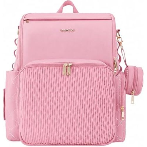 Stylish Baby Diaper Bag, Baby Bag with Changing Pad, Pacifier Case& Stroller Straps, Large Diaper Backpack Boy Girl, Water Resistant Travel Diaper Backpack（Pink）
