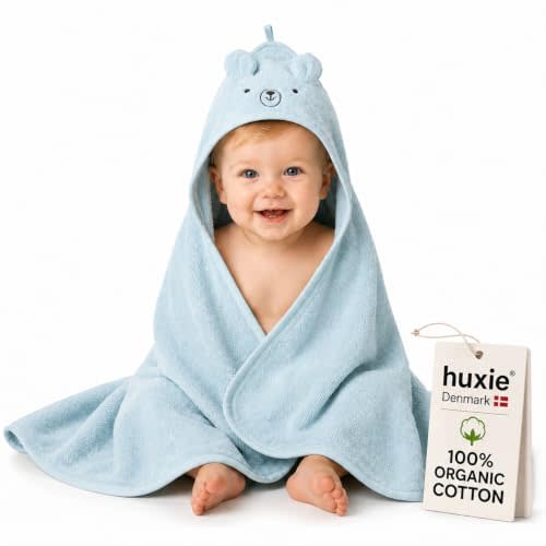 Hooded Baby Bath Towel, 100% Organic Cotton, Super-Soft 32"x32" | GOTS-certified, highly absorbent & quick-dry, snug hood from newborn to toddler, gentle baby gift (Bear - Baby Blue)