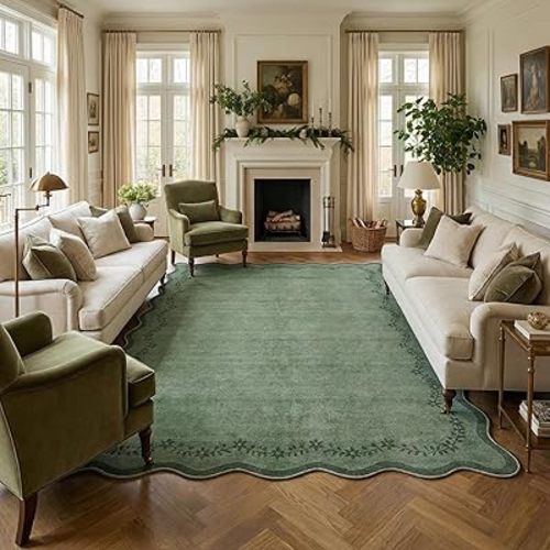 GarveeHome 6x9 Scalloped Area Rug Green Washable Rugs for Living Room Bedroom, Soft Low Pile Non Slip Accent Floor Mat Solid Floral Print Throw Rug Farmhouse Indoor Carpet for Dorm Playroom
