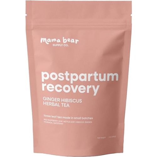 Mama Bear Supply Co. Postpartum Recovery Tea, Ginger Hibiscus, Organic Herbal Blend for Hormone Support & Womb Warmth with Red Raspberry Leaf, Nettle, Oatstraw, Moringa