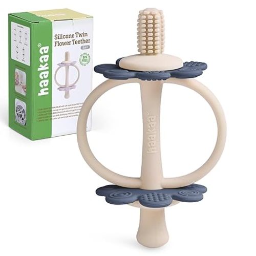 haakaa Silicone Baby Teether Toys,Nipple-Shaped End for Gum Massage,360° Baby Toothbrush Head for Self-Brushing Training,Easy to Grip - Sky Blue