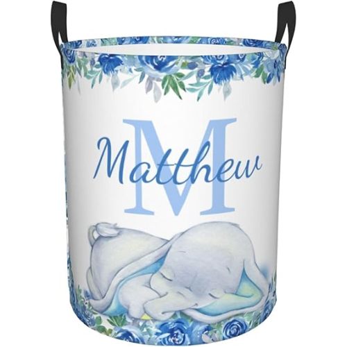 Elephant Custom Baby Laundry Basket Personalized Gifts Customized Name Laundry Hamper For Kids Boys Girls Adults Collapsible Clothes Storage Organizer 16.5x13.3 In